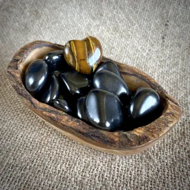 Tumbled Shungite Stones w/Tiger's Eye Heart in Olive Wood Bowl