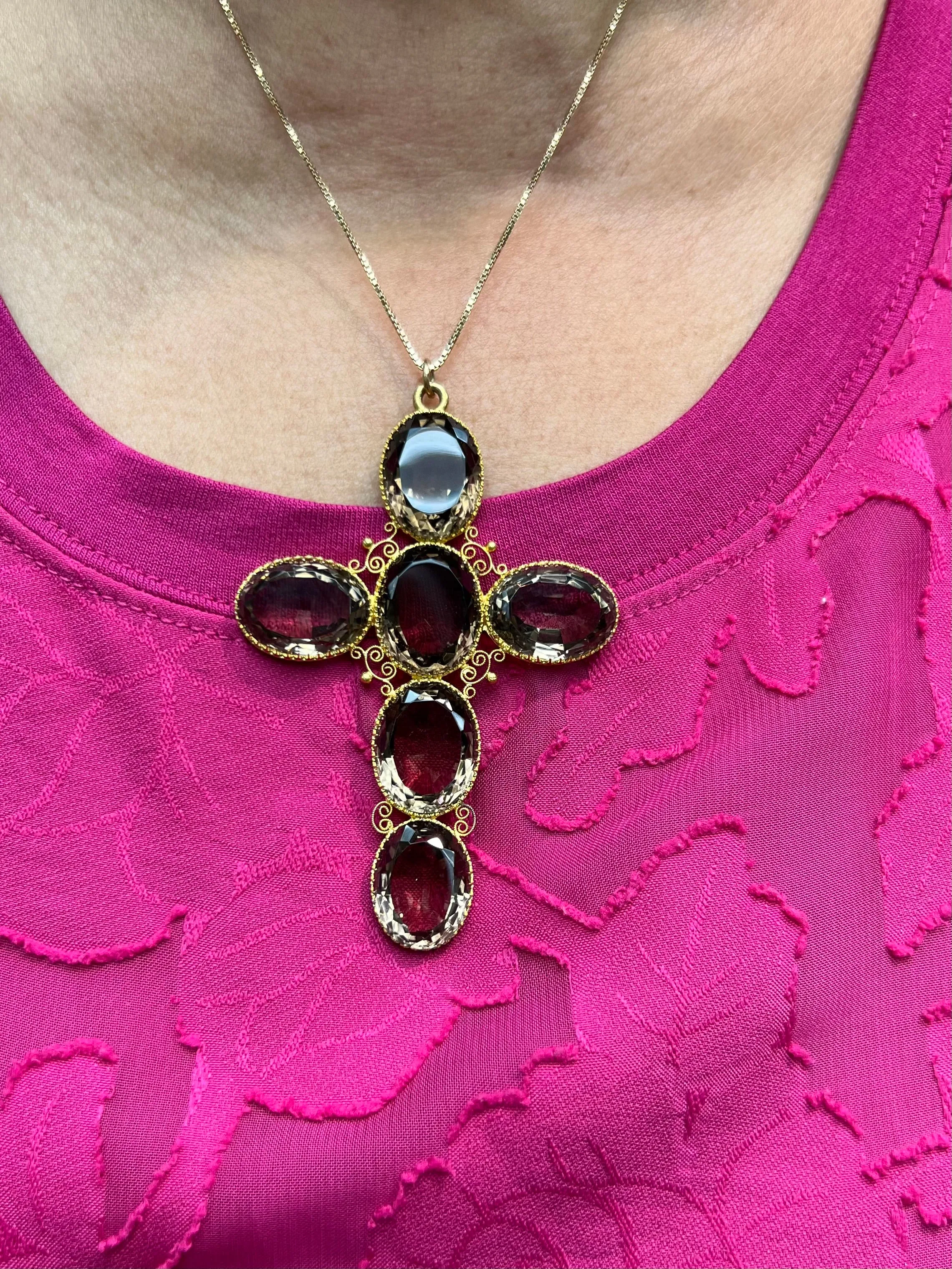 Victorian Smoky Quartz Gold Cross Pendant