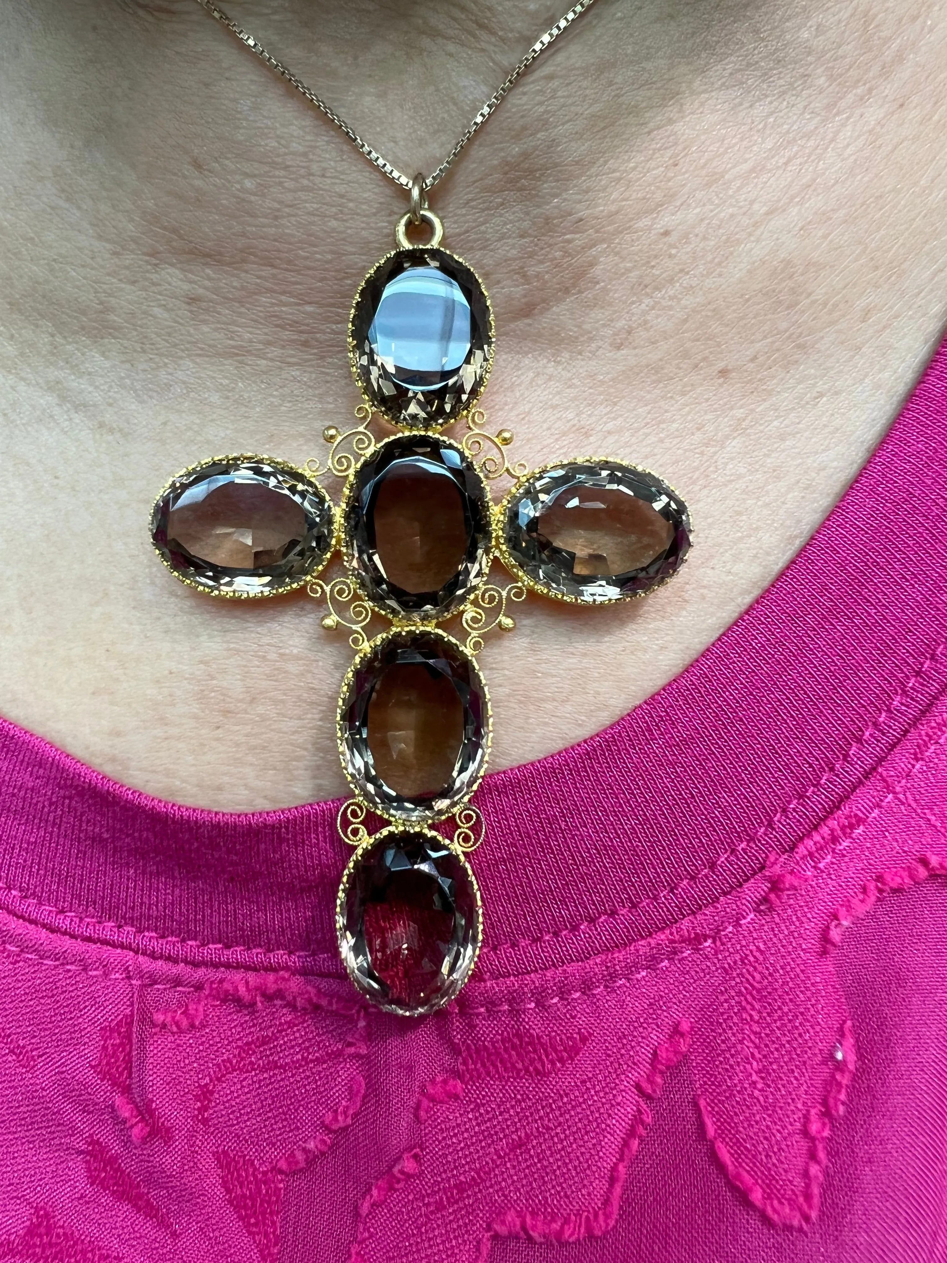 Victorian Smoky Quartz Gold Cross Pendant