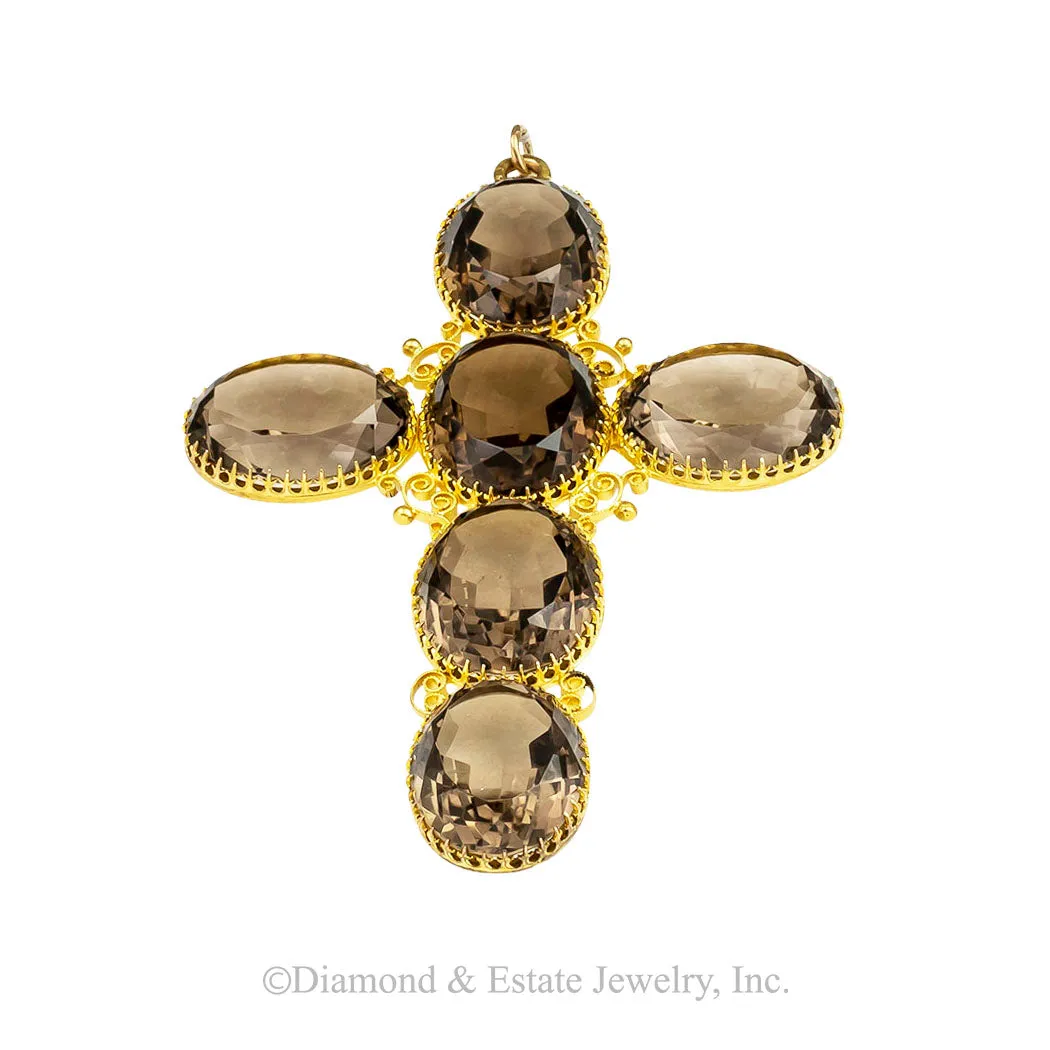 Victorian Smoky Quartz Gold Cross Pendant