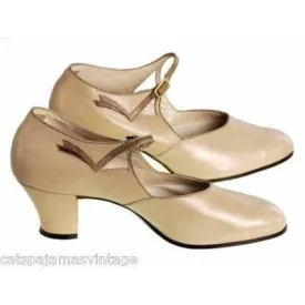 Vintage Beige Leather Mary Jane  Heel 1920s NIB#11 WALK OVER EU 36 US Ladies Sz 6N